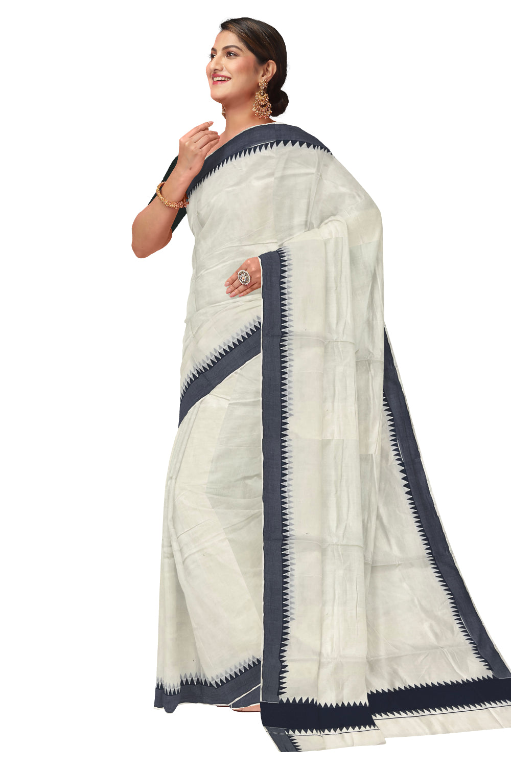 Kerala Pure Cotton Saree with Navy Blue Temple Block Prints on Border