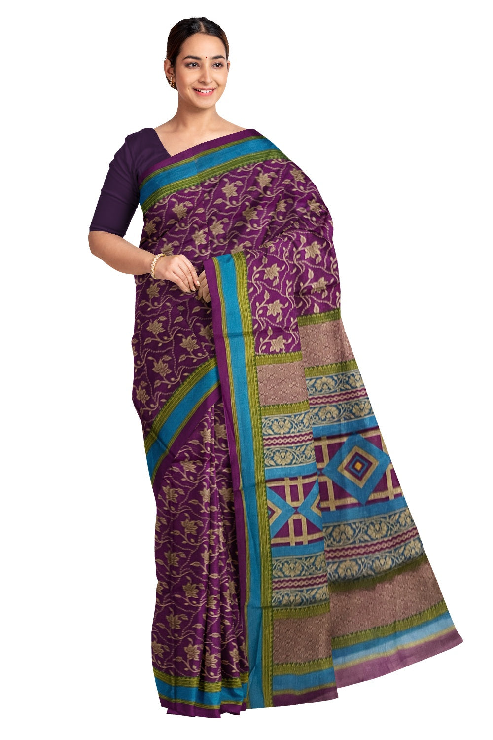 Southloom Cotton Purple Designer Printed Saree