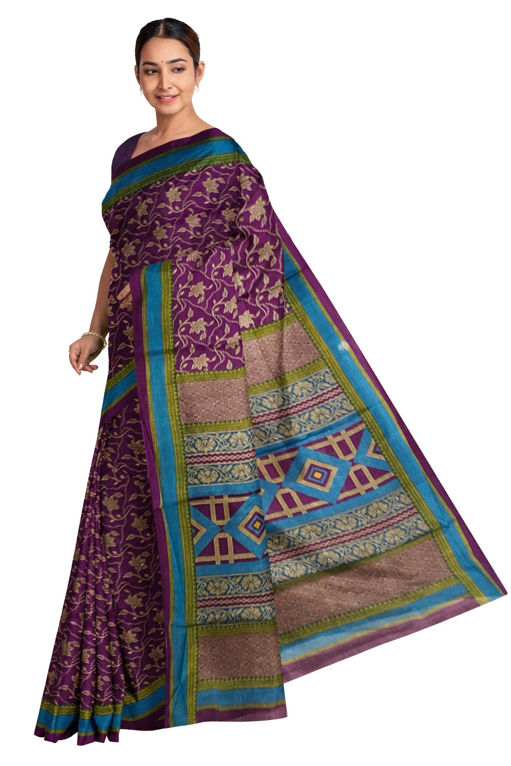 Southloom Cotton Purple Designer Printed Saree