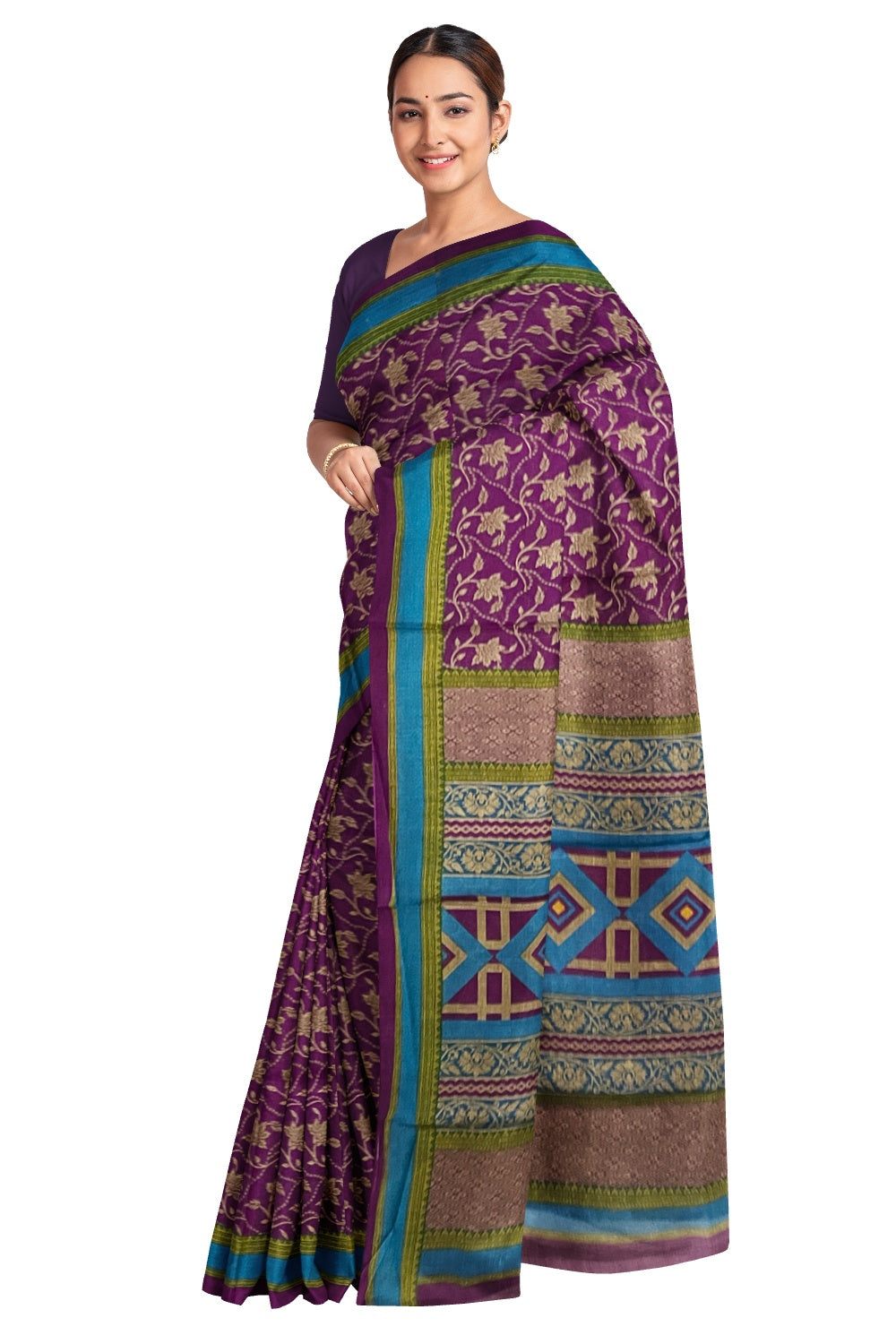 Southloom Cotton Purple Designer Printed Saree