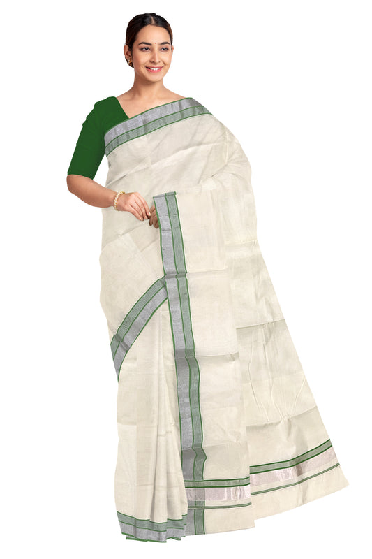 Kerala Pure Cotton Plain Saree with Silver Kasavu and Light Green Line Border