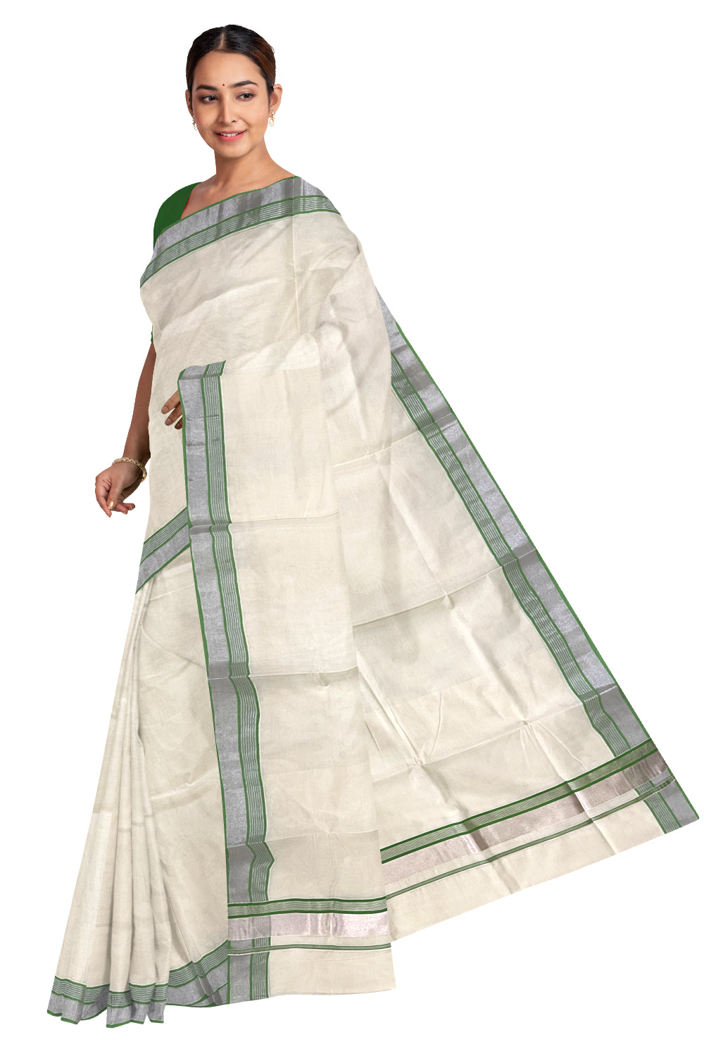 Kerala Pure Cotton Plain Saree with Silver Kasavu and Light Green Line Border