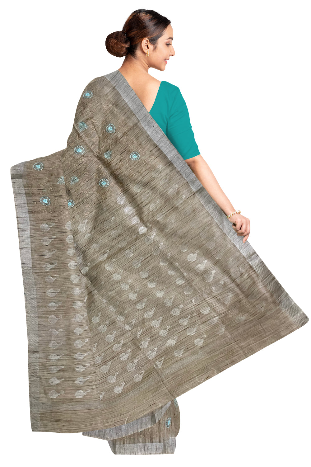 Southloom Cotton Light Brown Designer Saree with Floral Embroidery Work