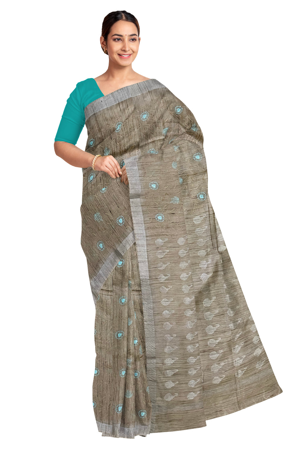 Southloom Cotton Light Brown Designer Saree with Floral Embroidery Work