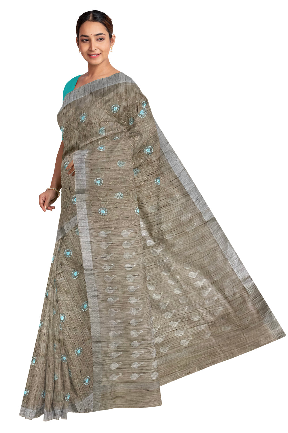 Southloom Cotton Light Brown Designer Saree with Floral Embroidery Work