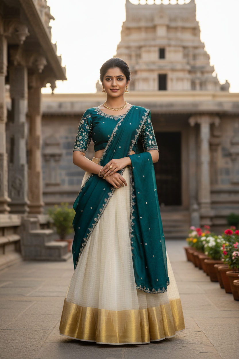 Southloom Semi Stitched Cotton Dhavani Set with Pavada and Blouse Piece