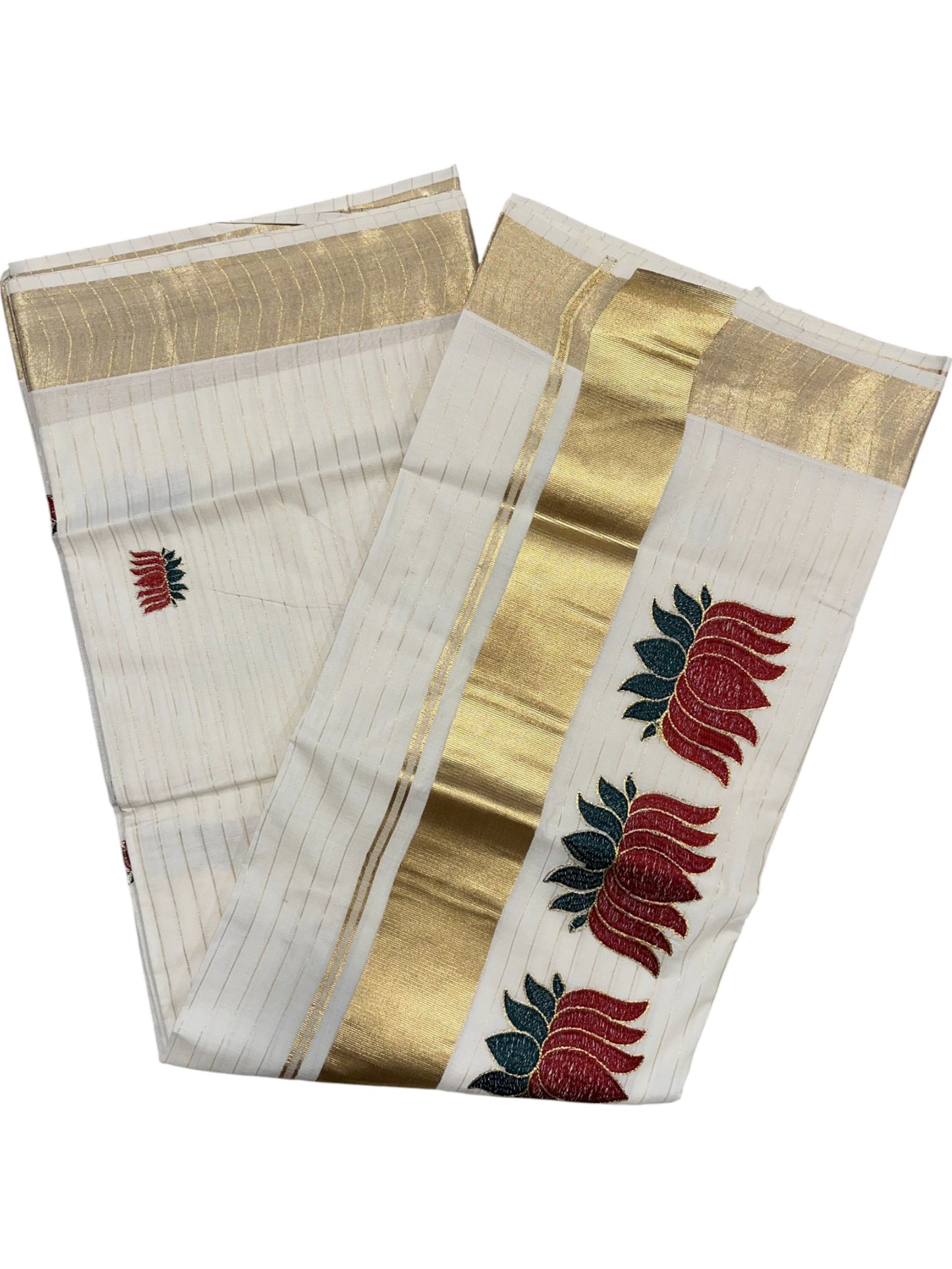 Southloom Kerala Cotton Kasavu Line Saree with Maroon Lotus Embroidery Works