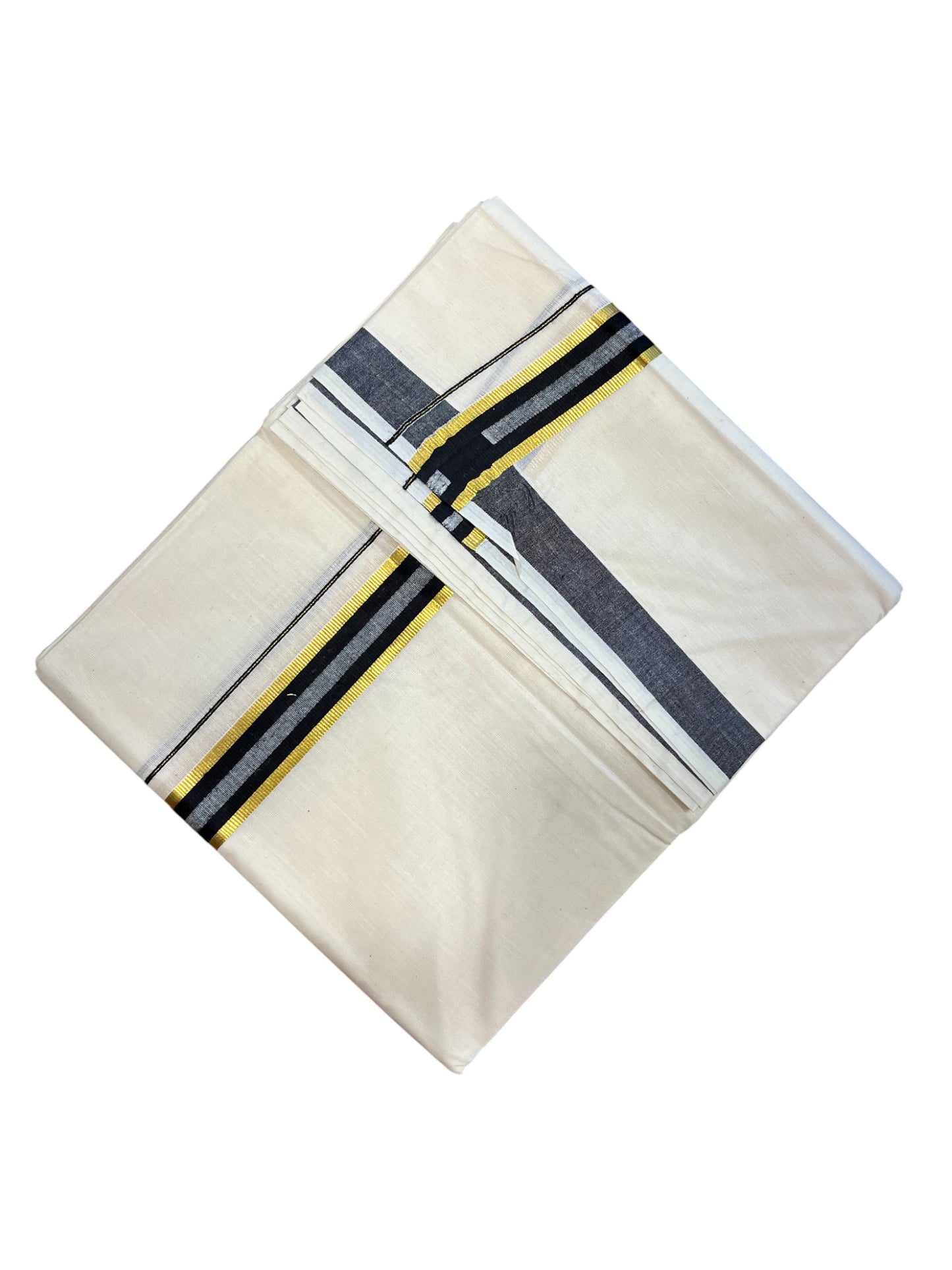 Southloom Pure Cotton Double Mundu With  Gold Kasavu& Black Colour Border (South Indian Kerala Dhoti)