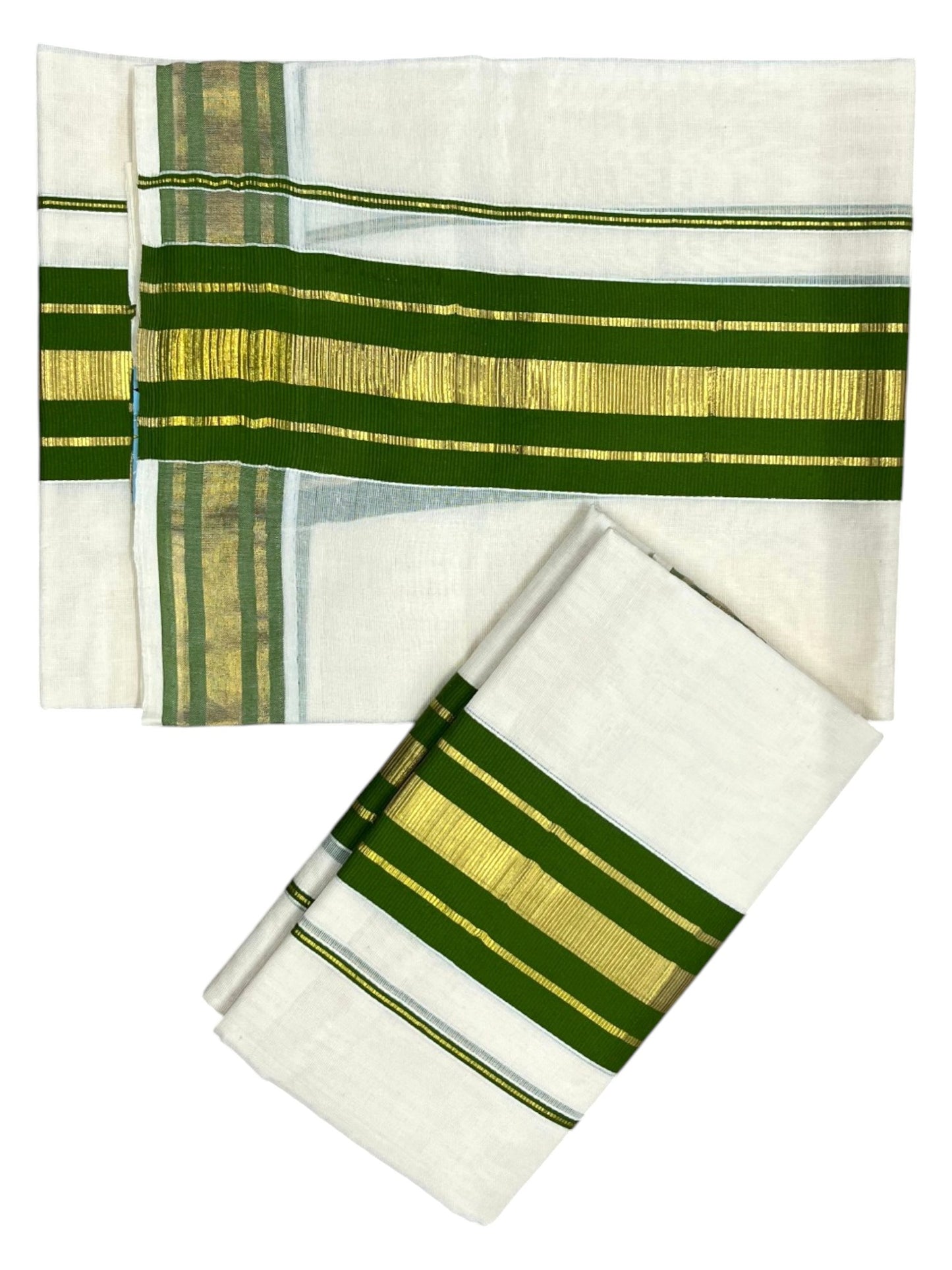 Southloom Kerala Cotton Single Set Mundu (Mundum Neriyathum) with Kasavu and Olive Green Border in 2.80 Mtrs SLKK