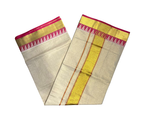 Southloom Kerala Tissue Kasavu Saree With  Tample Design Pink Broder