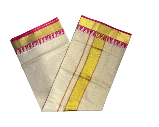 Southloom Kerala Tissue Kasavu Saree With Tample Design Pink Broder