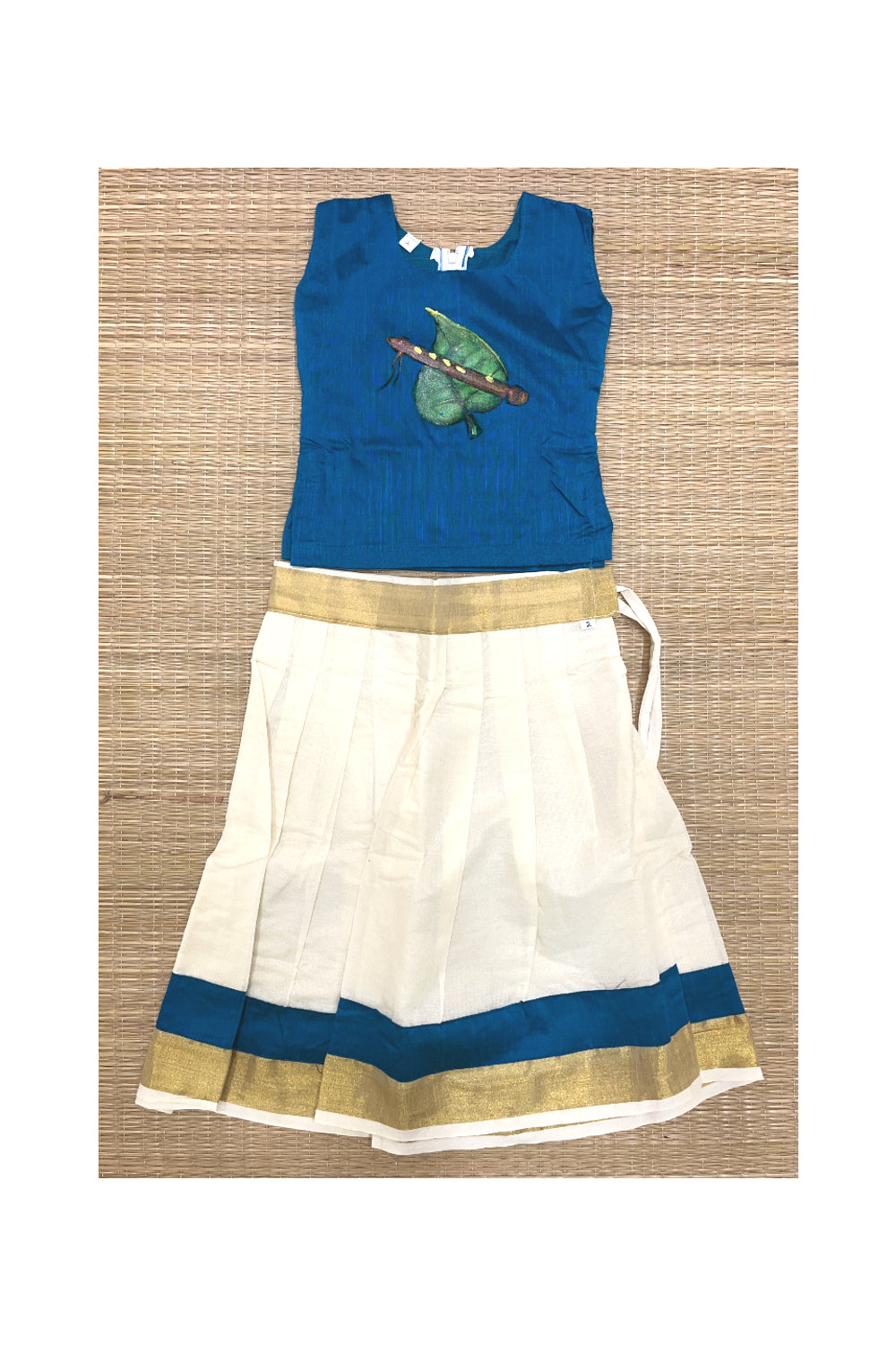 Southloom Kerala Pavada Blue Blouse with Leaf and Flute Mural Designs (Age - 2 Years)