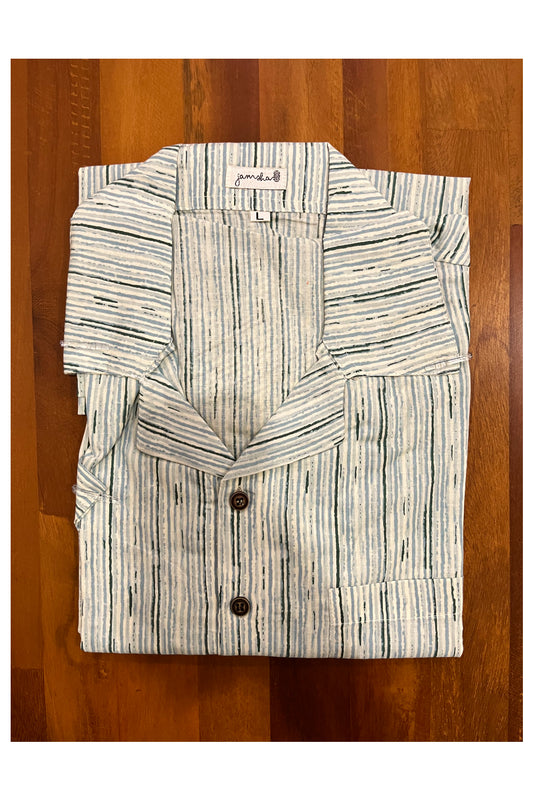 Southloom Jaipur Cotton Black Hand Block Printed Cuban Collar Shirt (Half Sleeves)