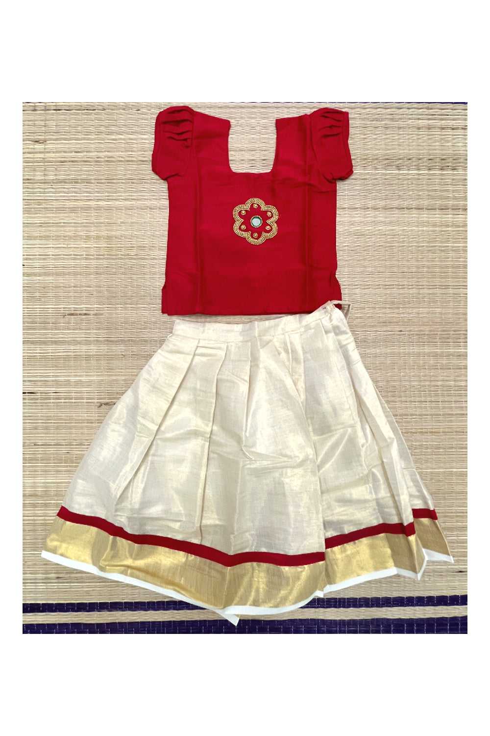 Southloom Kerala Pavada Blouse in Red with Bead Work Designs (Age - 4 Years)