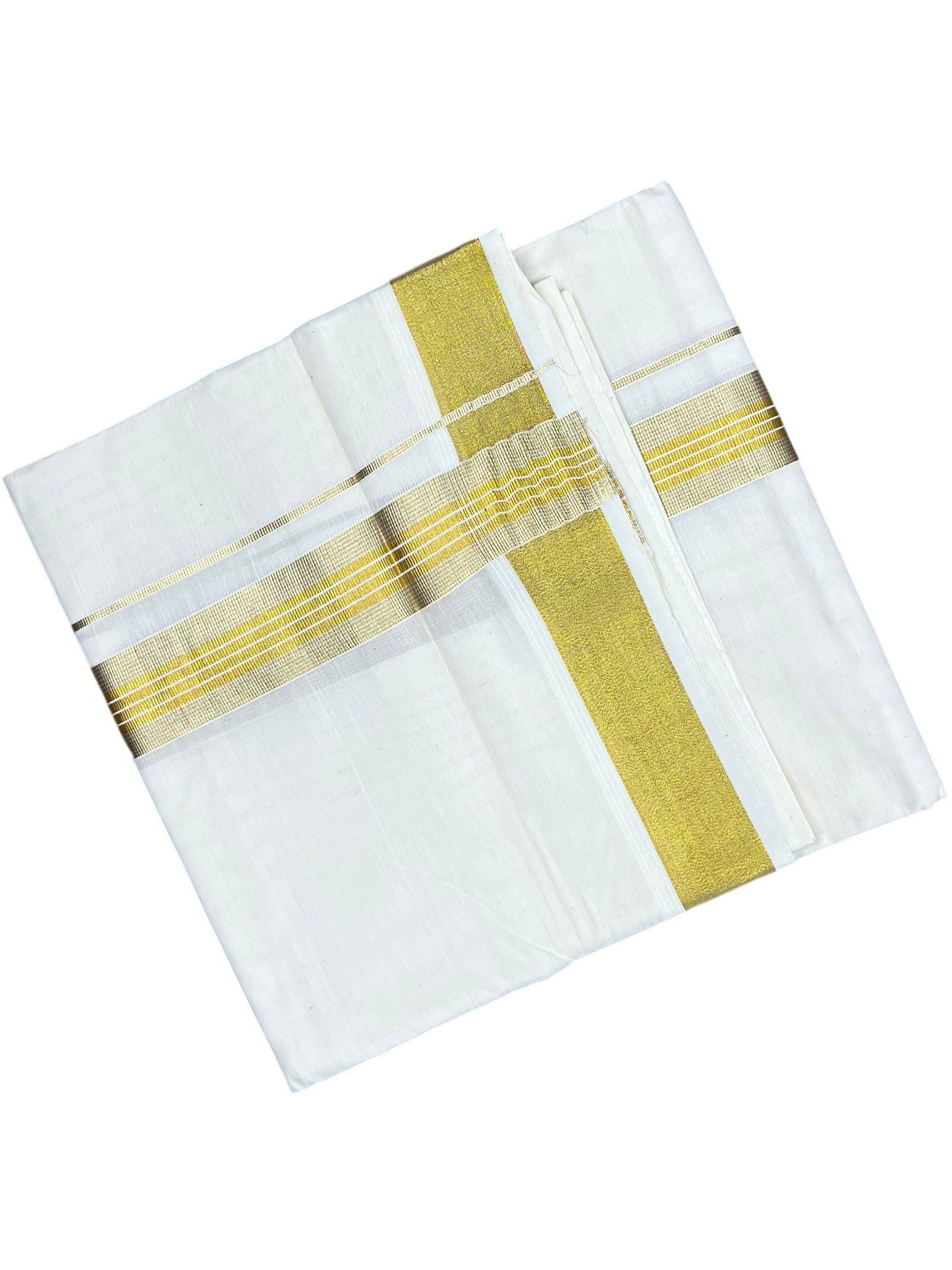 Southloom Kerala Pure Cotton Double Mundu with Gold Kasavu Line Border (South Indian Dhoti)