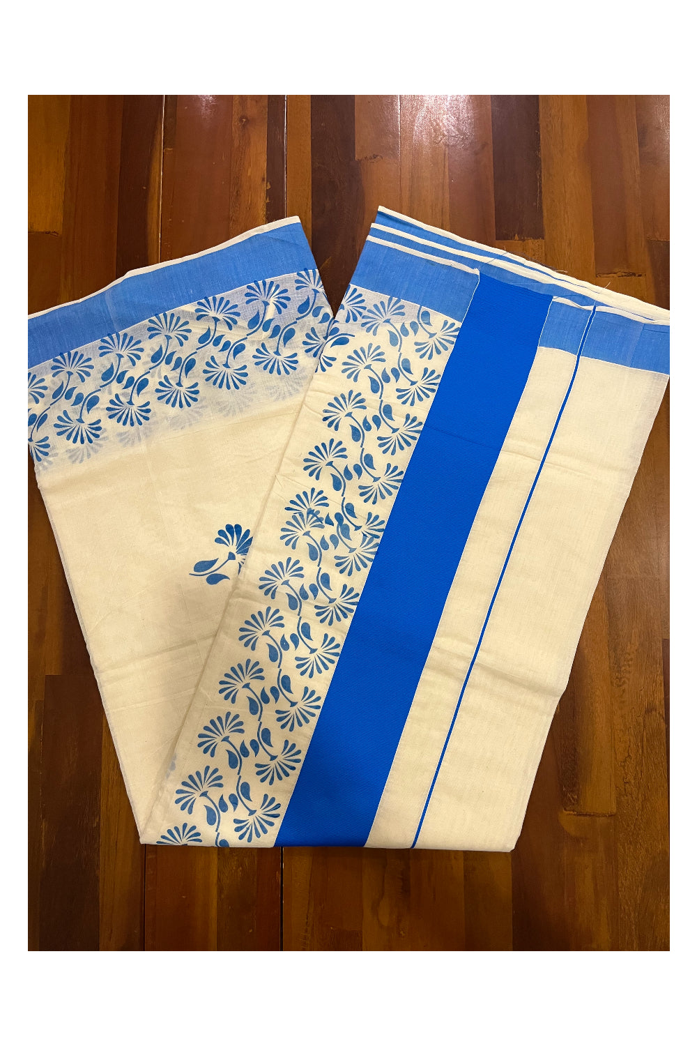 Kerala Pure Cotton Saree with Blue Block Prints on Border