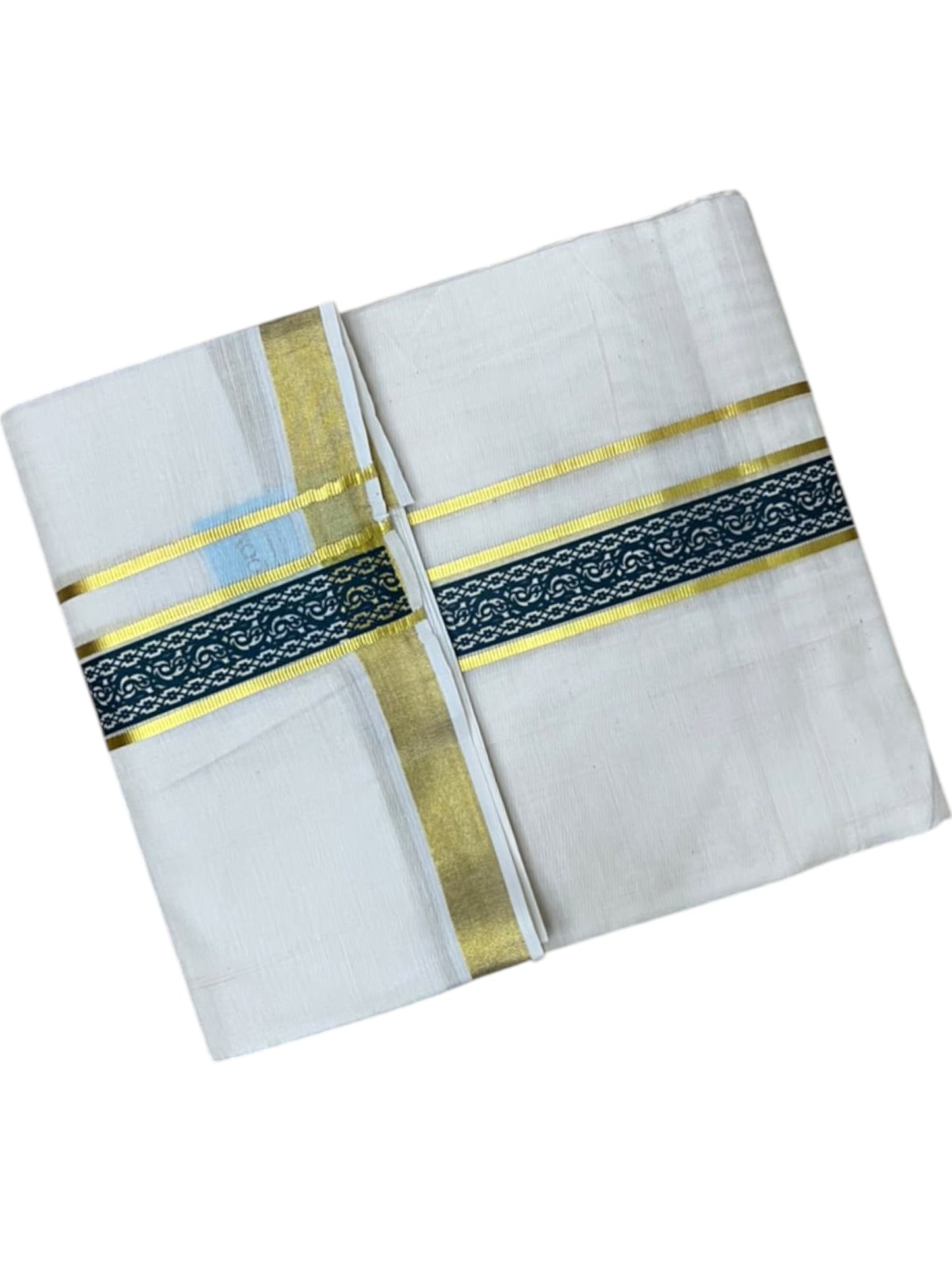 Southloom Pure Cotton Double Mundu with Green Block Printed And Ksavu Border (South Indian Kerala Dhoti)