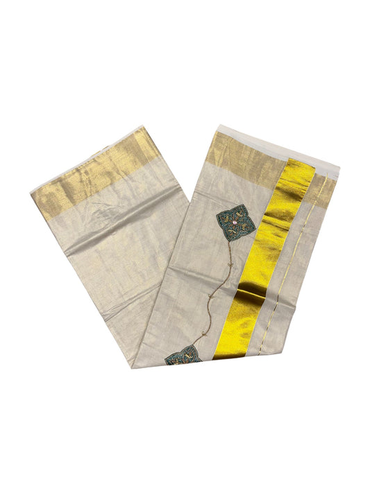 Kerala Tissue Kasavu Saree with Floral Embroidery and Sequins Work on Body