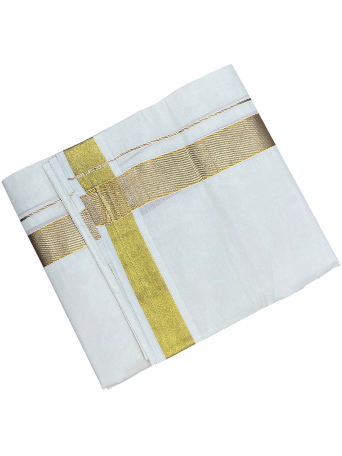 Southloom Kerala Pure Cotton Double Mundu with Gold Kasavu And Silver Line Border (South Indian Dhoti)