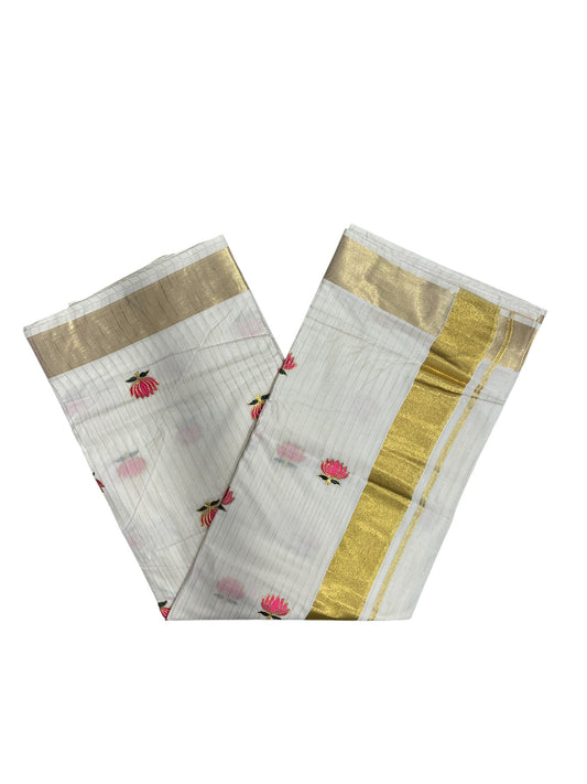 Southloom Kerala Cotton Kasavu Line Saree with Pink Lotus Embroidery Works