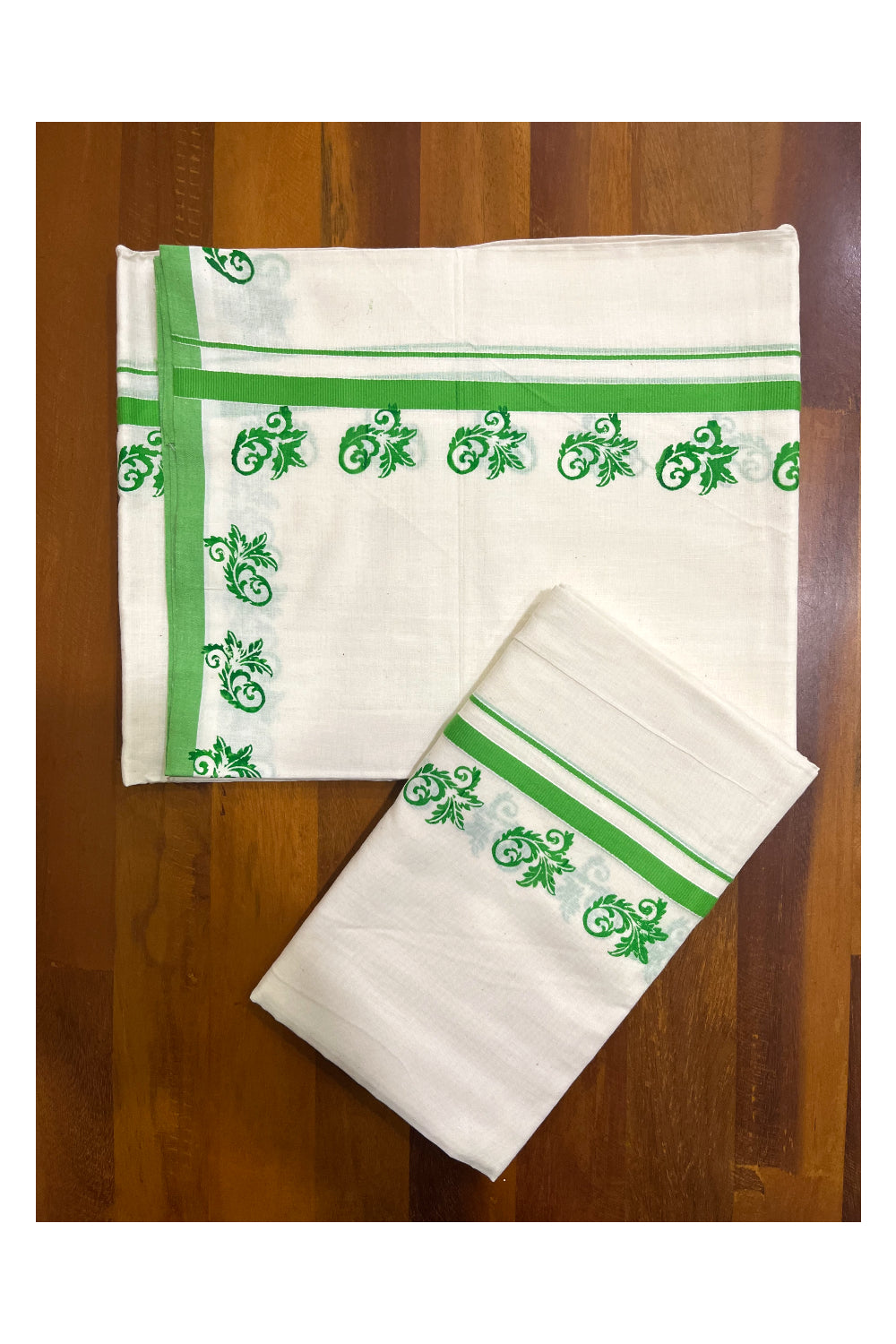 Kerala Pure Cotton Set Mundu Single (Mundum Neriyathum) with Light Green Block Prints