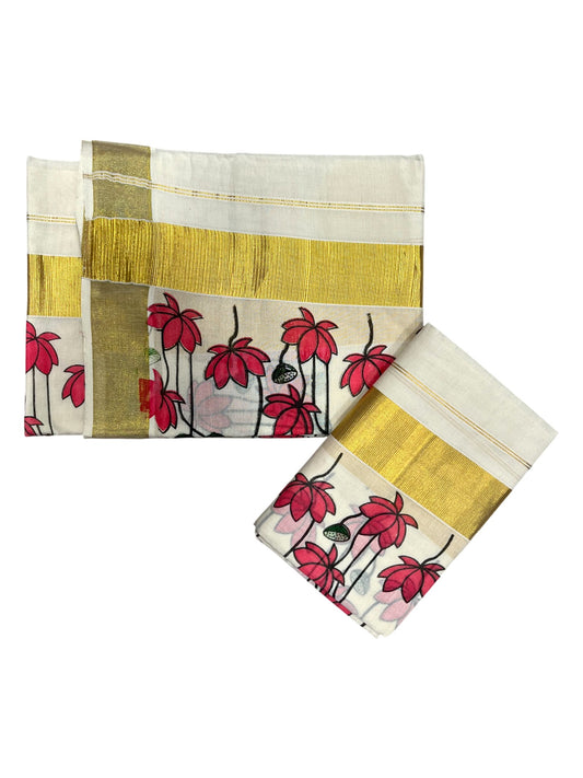 Southloom Kerala Cotton Single Set Mundu (Mundum Neriyathum) with Pink Floral Block Printed Design 2.80Mtrs