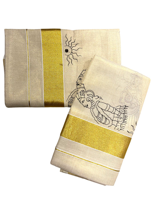 Southloom Kerala Tissue Set Mundu (Mundum Neriyathum) with Kadhakali Printed Design