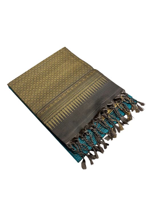 Southloom Pure Handloom Kanchipuram Silk Saree with Korvai Work (Golden & Blue)