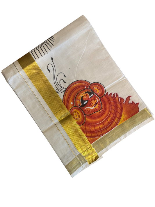 Southloom Pure Cotton Kasavu Double Mundu with Theyyam Print (South Indian Kerala Dhoti)
