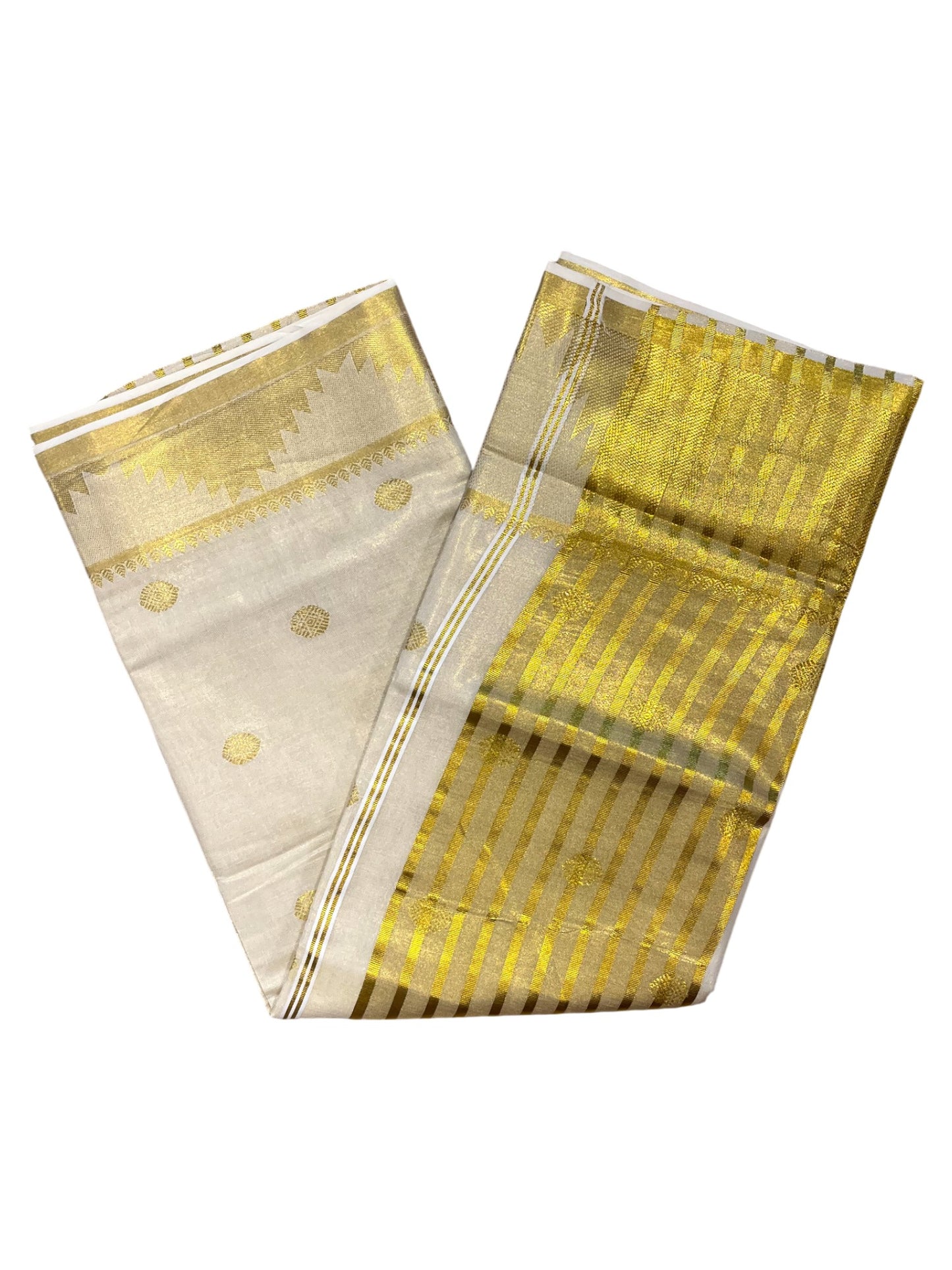 Southloom Tissue Kasavu Saree with Woven Butta Works Across Body and Temple Border