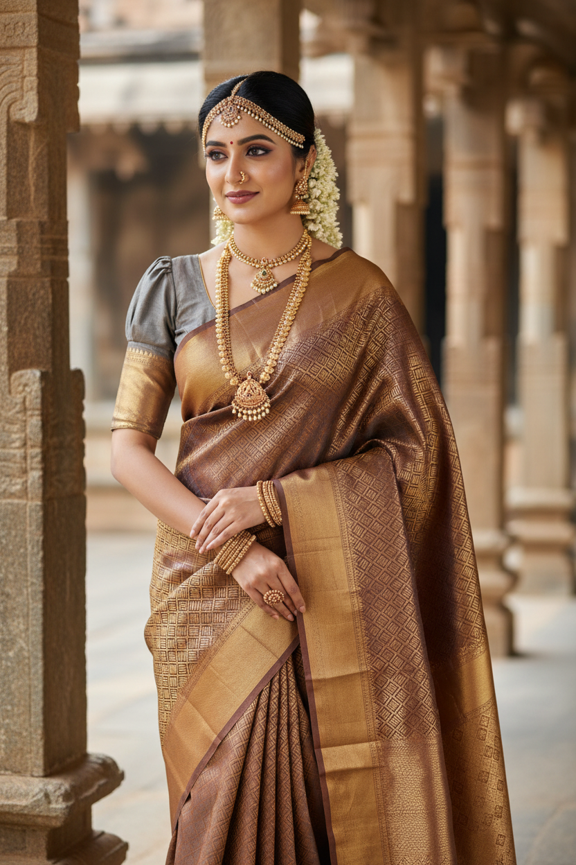 Southloom Brocade Silk Bridal Saree WIth Woven Borders in Bridal Grey with Matching Pallu