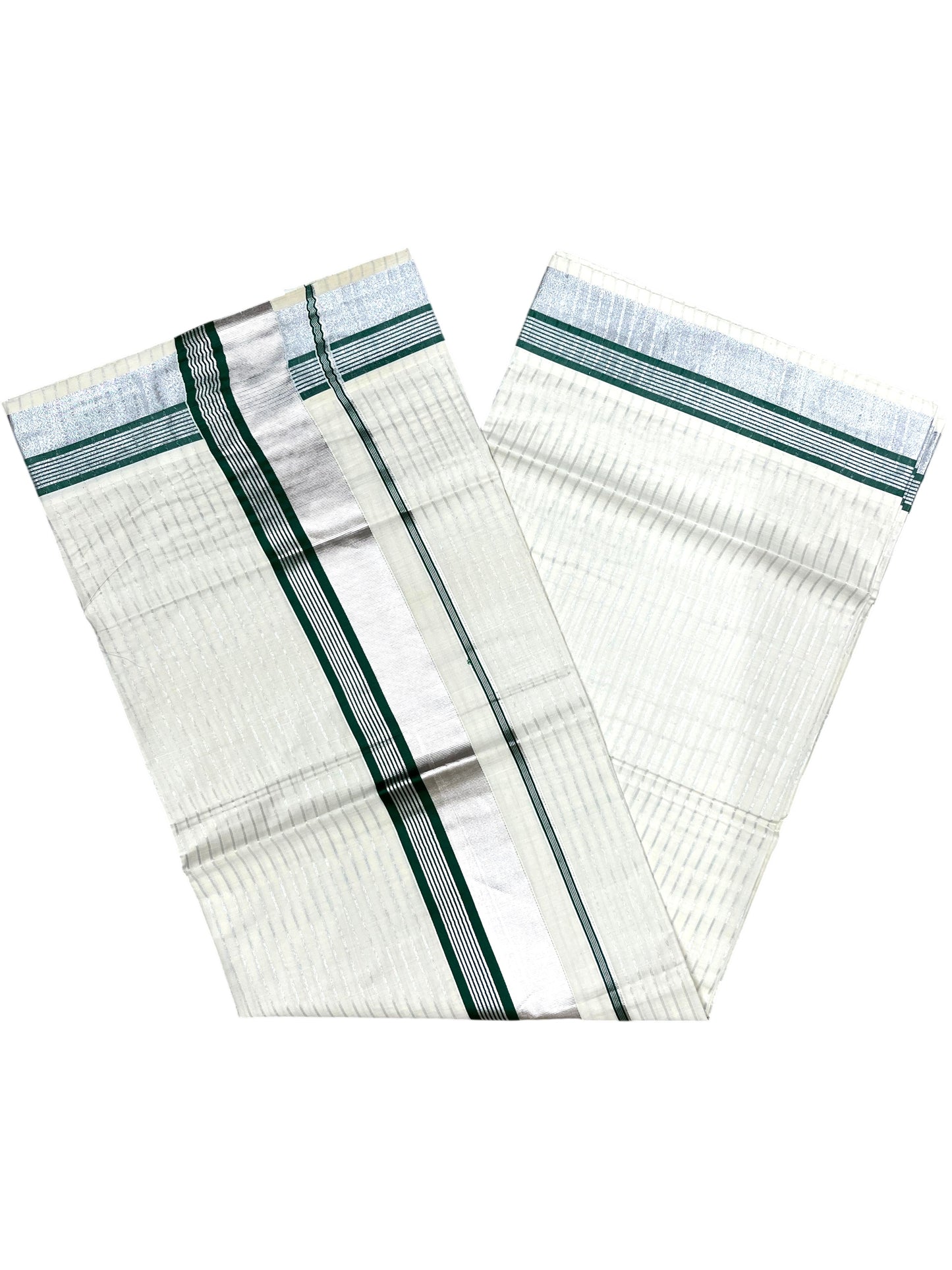 Southloom Pure Cotton Kerala Silver Kasavu Lines Saree with  Green and Silver Border