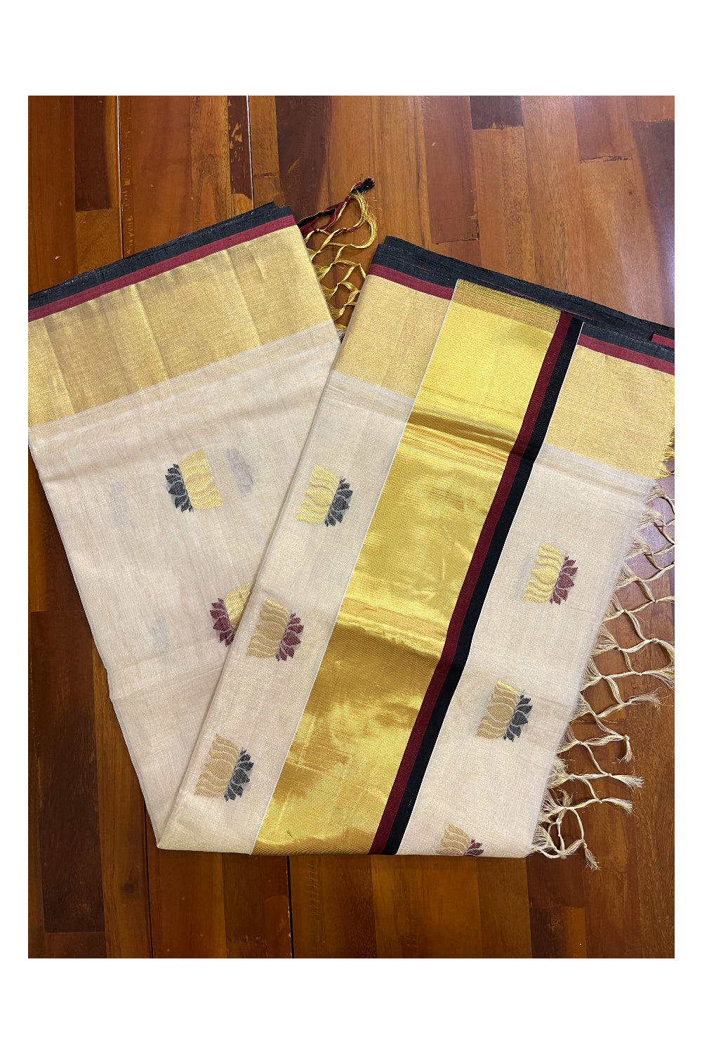 Southloom Premium Handloom Tissue Kasavu Saree with Lotus Woven Designs and Maroon Black Border