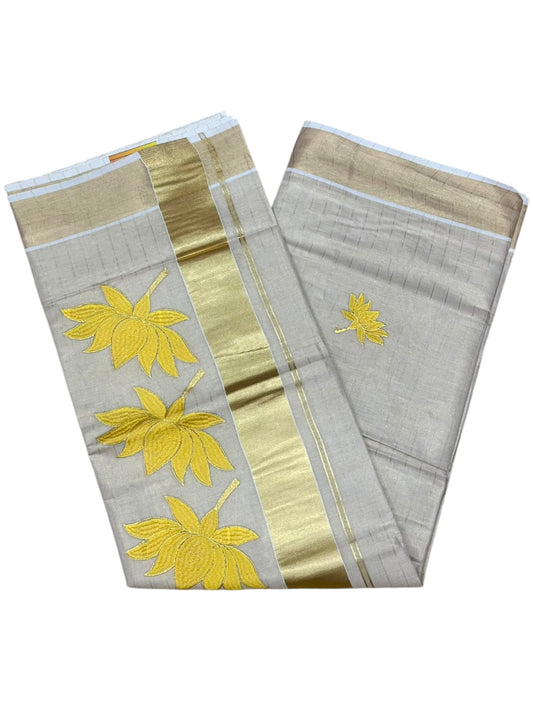 Southloom Kerala Tissue Kasavu Line Saree with Yellow Lotus Embroidery Works