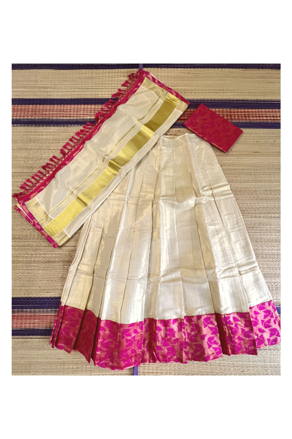 Semi Stitched Dhavani Set with Tissue Pavada and Magenta Designer Blouse Piece