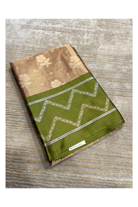 Southloom Tissue Silk Saree with Woven Work on Body and Borders (Green & Brown)