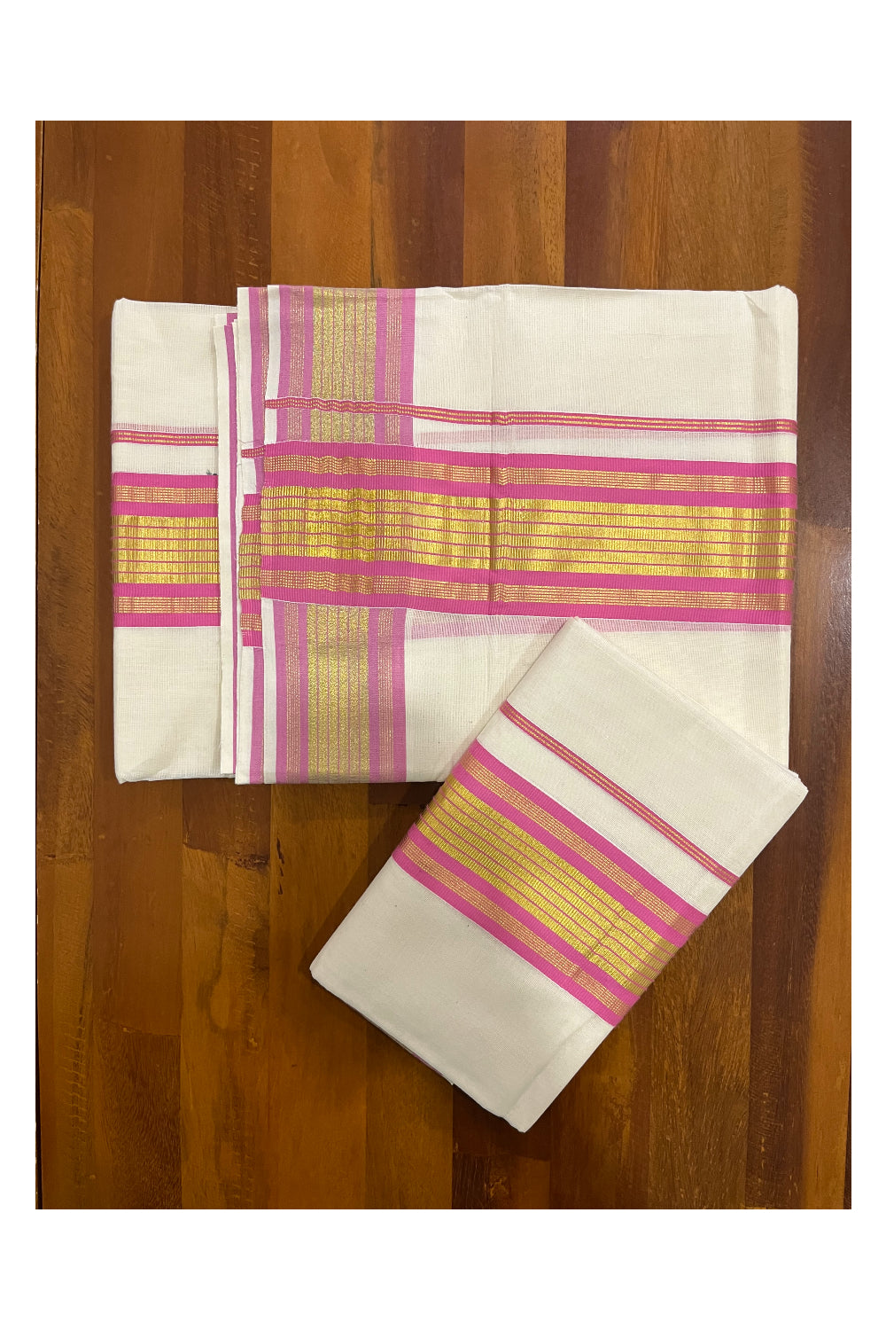 Pure Cotton Mundum Neriyathum Double (Set Mundu) with Pink and Kasavu Border 2.80 Mtrs