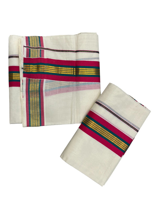 Kerala Cotton Kasavu Set Mundu (Mundum Neriyathum) with Magenta and Green Border 2.80 Mtrs