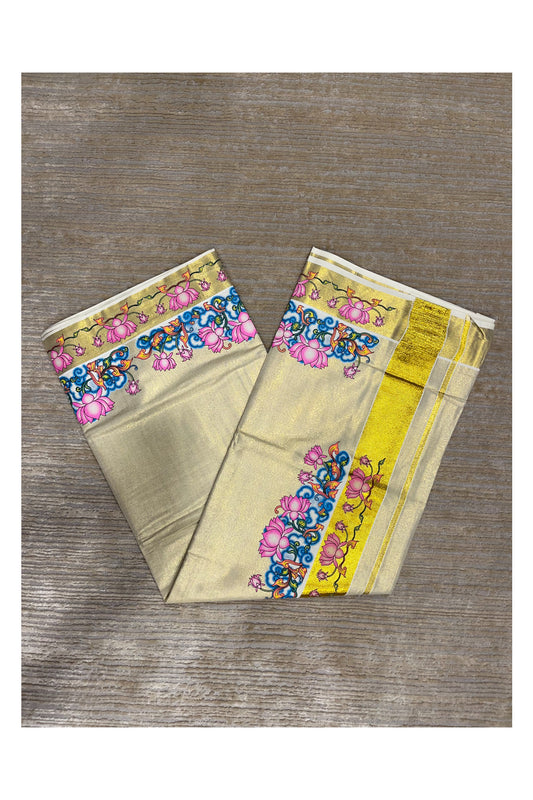 Southloom Tissue Kerala Kasavu Saree with Lotus Handpainted Design