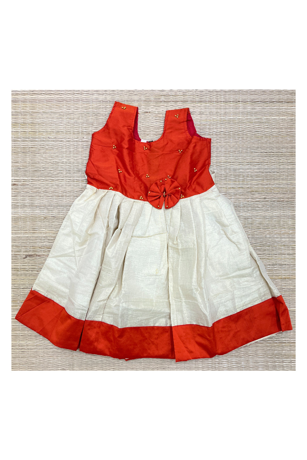 Southloom Kerala Tissue Frock with Red Bead Work Designs for Kids (3 Years)