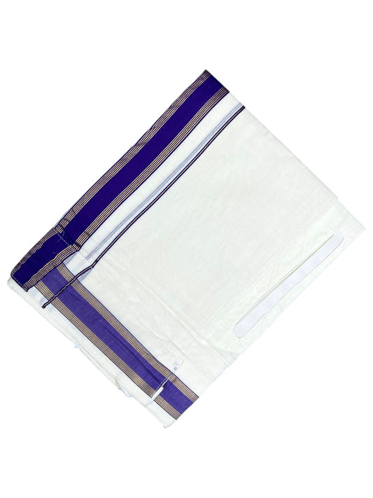 Southloom Kerala Cotton Velcro Mundu with Gold Lines and Violet Border (South Indian Kerala Dhoti) in 4 mtrs