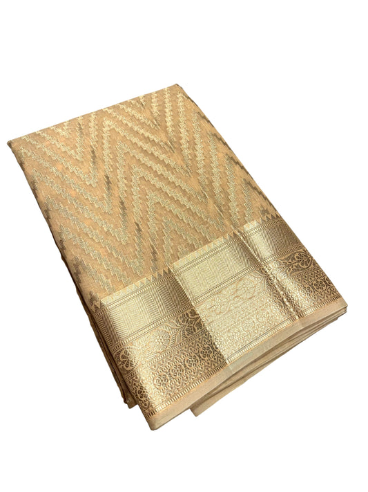 Southloom Cotton Banarasi Silk Saree with Woven Work on Body and Borders (Beige)