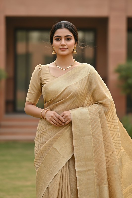 Southloom Cotton Banarasi Silk Saree with Woven Work on Body and Borders (Beige)