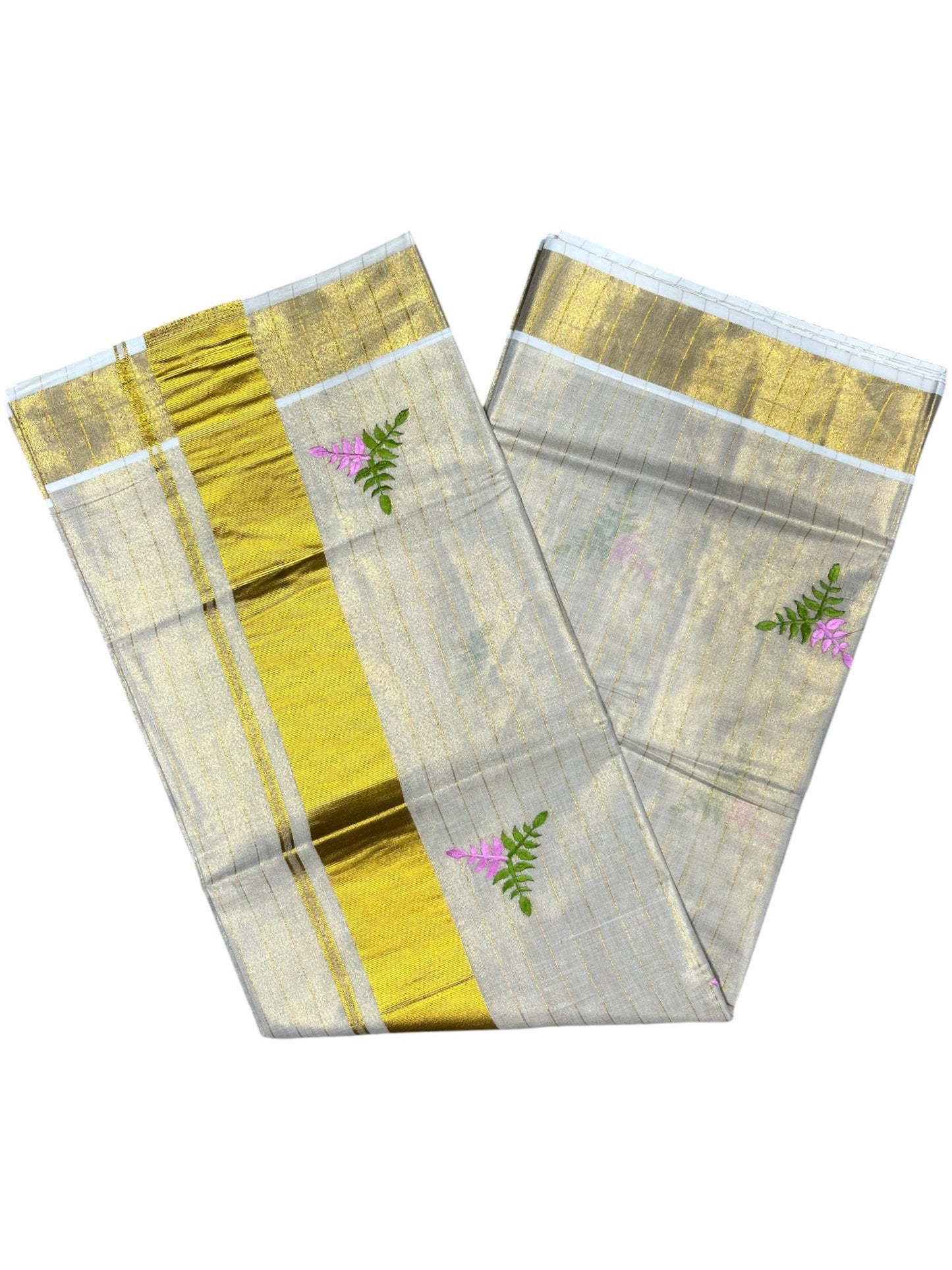 Southloom Kerala Tissue Kasavu Stripes Saree with Floral Embroidery Design in Pink and Green