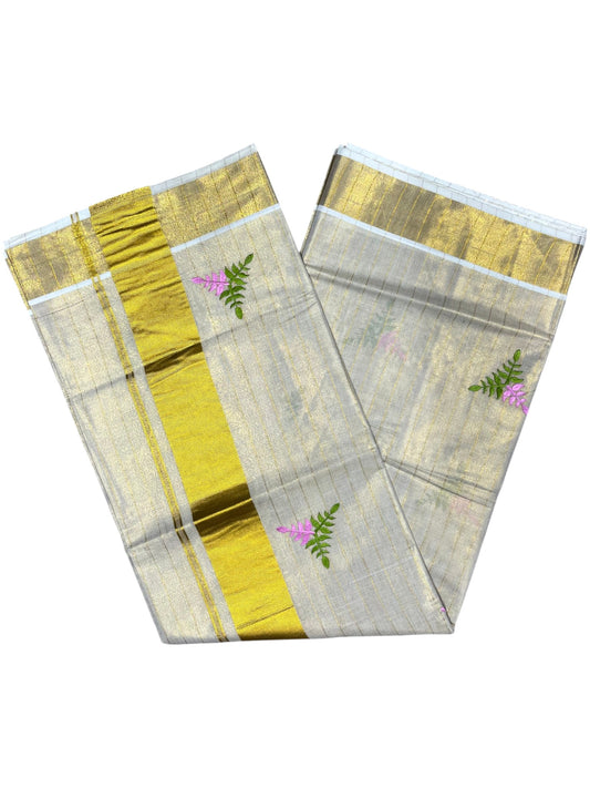 Southloom Kerala Tissue Kasavu Stripes Saree with Floral Embroidery Design in Pink and Green