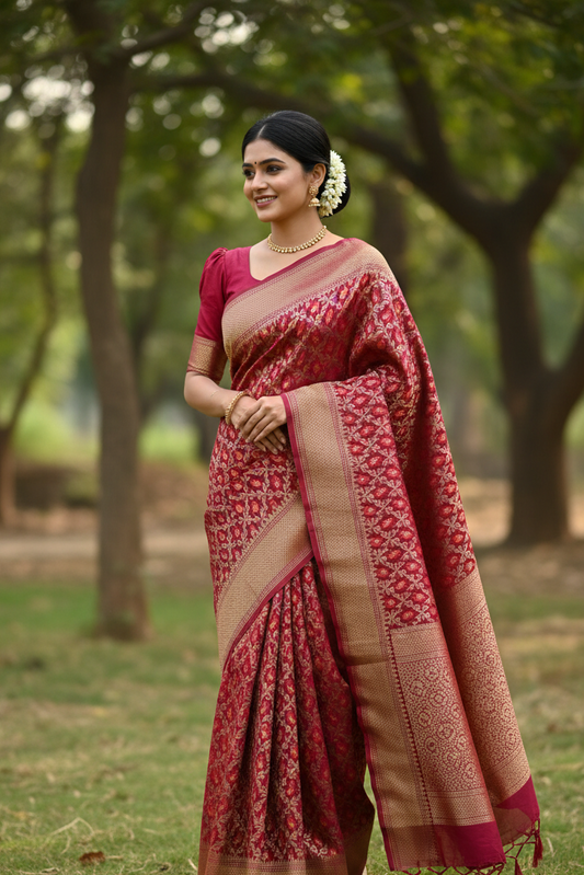 Southloom Cotton Banarasi Silk Saree with Woven Work on Body and Borders (Magenta)