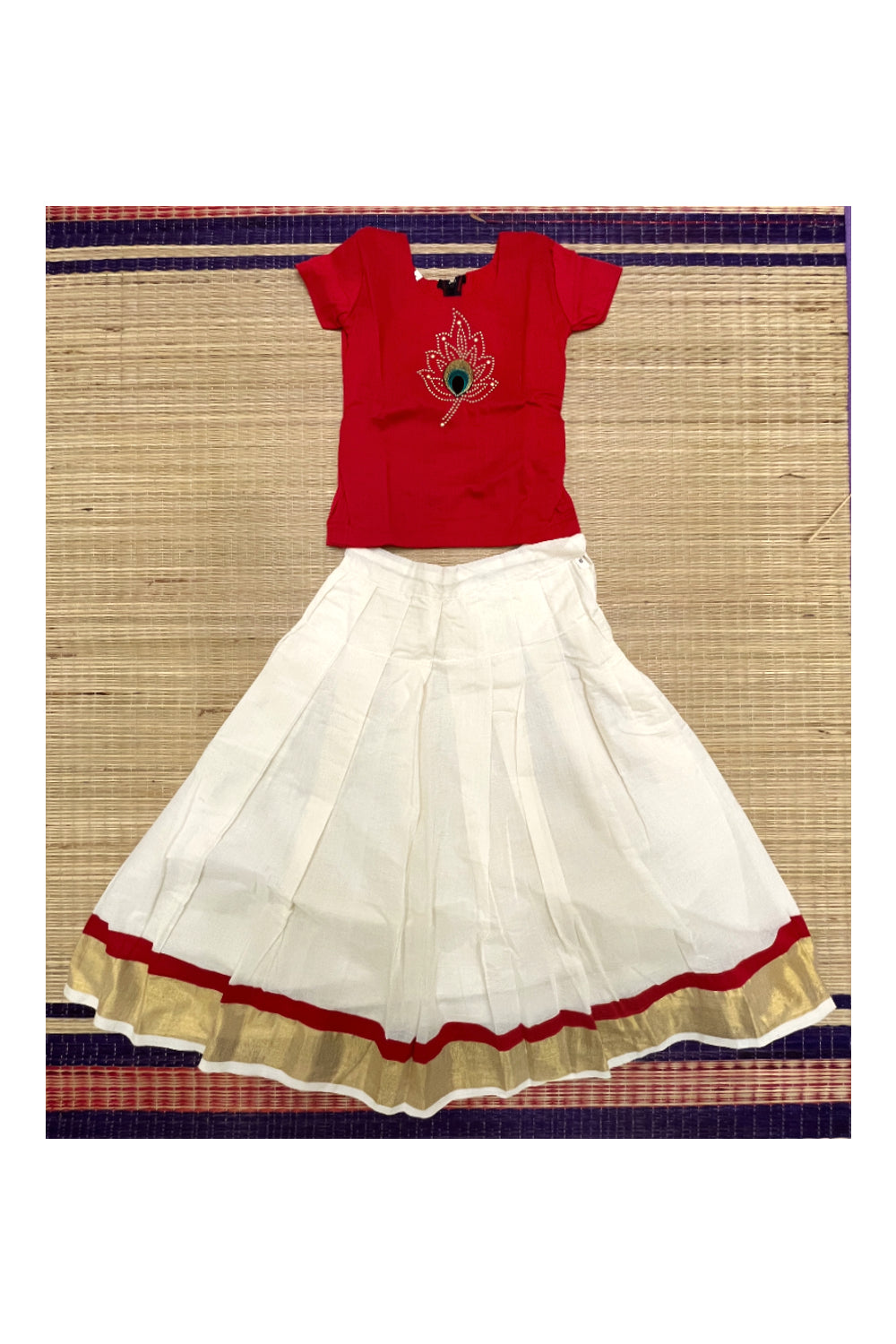 Southloom Kerala Pavada Blouse in Red with Bead Work Designs (Age - 6 Years)