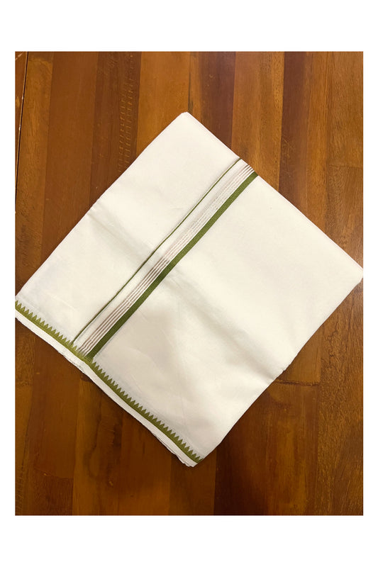 Pure White Cotton Double Mundu with Silver Kasavu and Green Border (South Indian Kerala Dhoti)