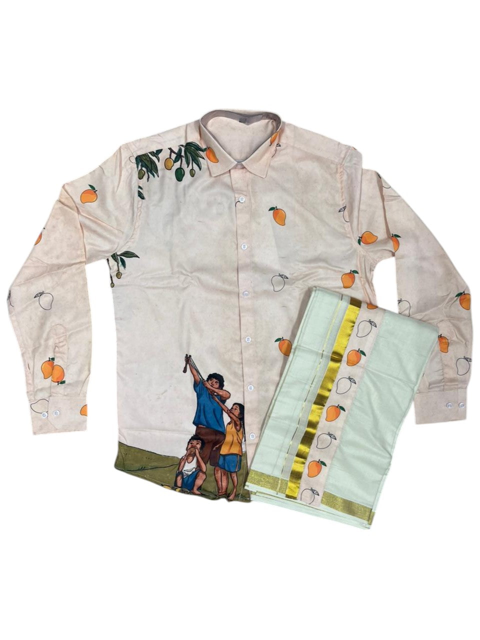 Southloom Premium Satin Mango Digital Print Design Men's Combo  (Shirt + Mundu) SL576