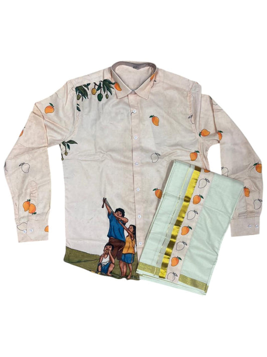 Southloom Premium Satin Mango Digital Print Design Men's Combo (Shirt + Mundu) SL576